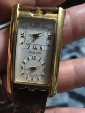 Avalon Gold-Tone Dual Dial Watch with Brown Strap Avalon Dual Time